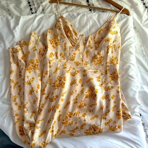 LAKE COMO FITTED BODICE CAMI STRAP MIDI DRESS PAINTED FLORAL PRINT BEIGE